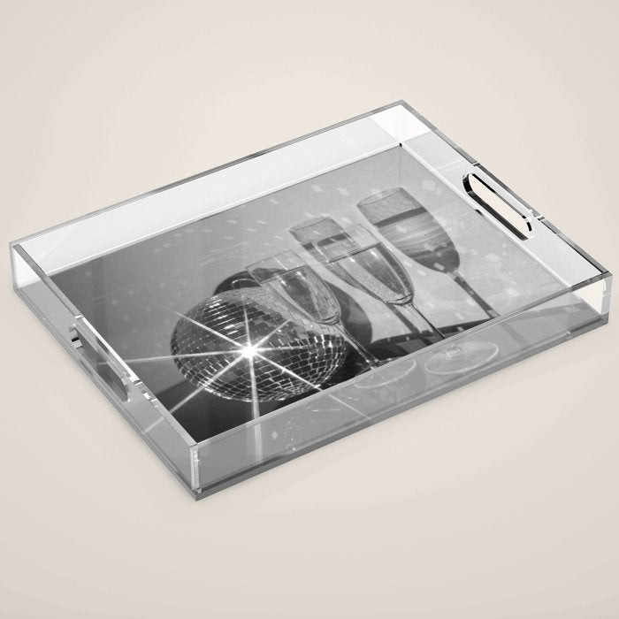 Sparkling Disco Ball Champagne Glasses Retro Black and White Party  Photography Wall Decor Acrylic Tray Gallery Image 1