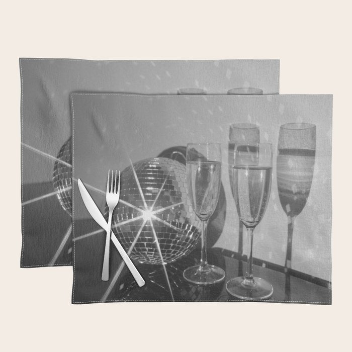 Sparkling Disco Ball Champagne Glasses Retro Black and White Party  Photography Wall Decor Placemat Gallery Image 1