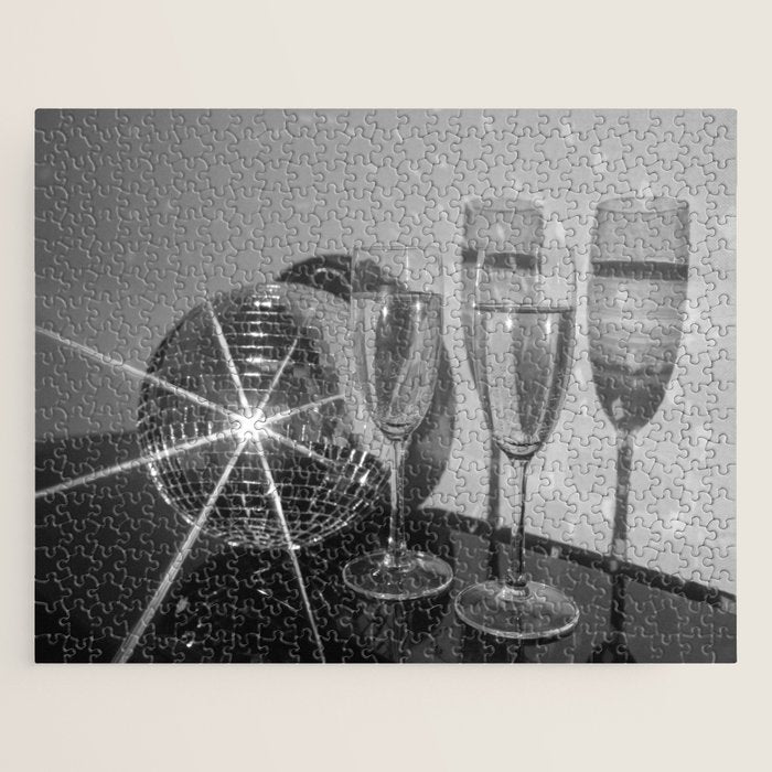 Sparkling Disco Ball Champagne Glasses Retro Black and White Party  Photography Wall Decor Jigsaw Puzzle Gallery Image 1