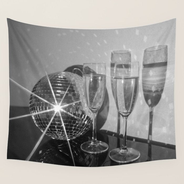 Sparkling Disco Ball Champagne Glasses Retro Black and White Party  Photography Wall Decor Wall Tapestry Gallery Image 4
