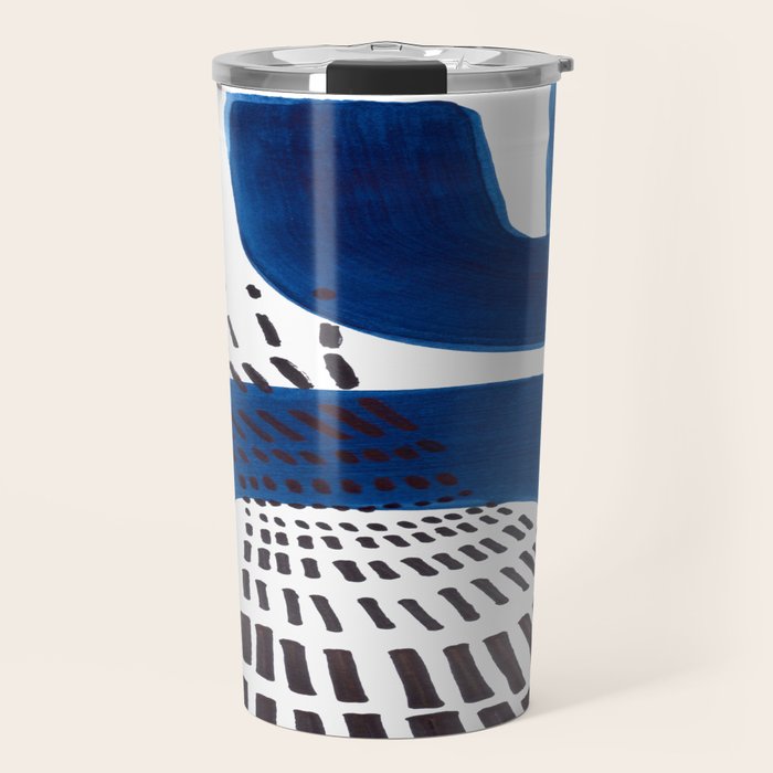Abstract Expressionism Mid Century Modern Acrylic Painting Minimalist Art Navy Blue Black Line Patte Travel Mug Gallery Image 1