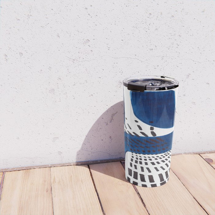 Abstract Expressionism Mid Century Modern Acrylic Painting Minimalist Art Navy Blue Black Line Patte Travel Mug Gallery Image 4