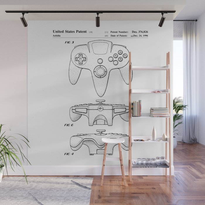 Video Game Controller Patent - Retro Gaming Game Room Art - White Wall Mural Gallery Image 1