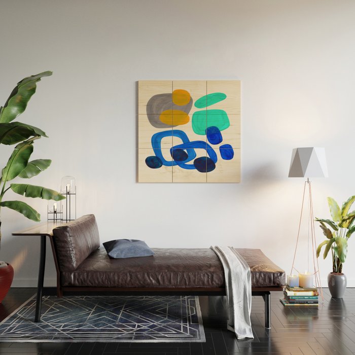 Mid Century Modern Abstract Minimalist Fun Colorful Shapes Marine Green Retro Vintage Fun Shapes Wood Wall Art Gallery Image 2