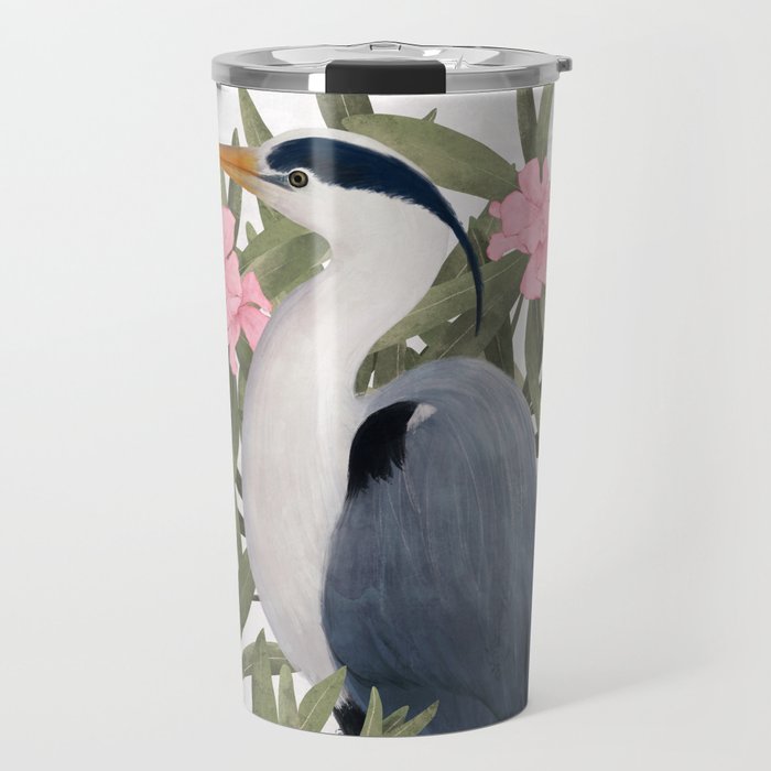 Gray heron and oleander plant - Travel Mug Gallery Image 1