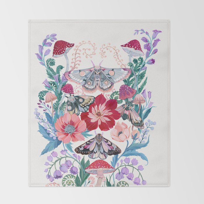 Floral moth painting Throw Blanket Gallery Image 2