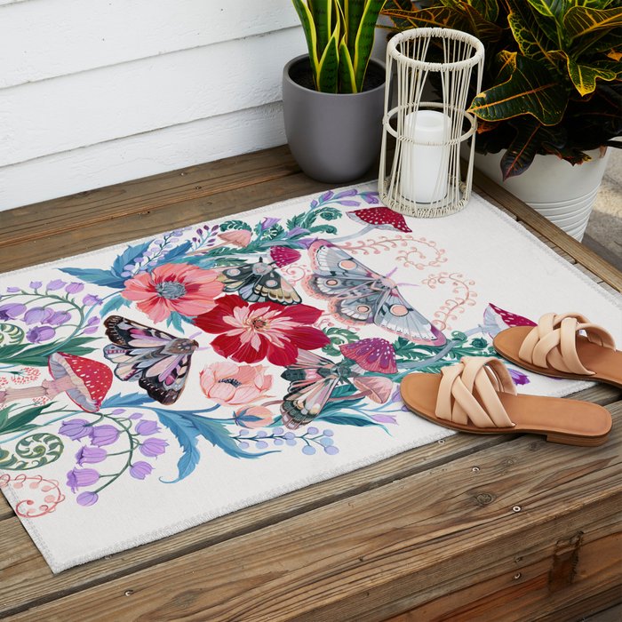 Floral moth painting Outdoor Rug Gallery Image 2