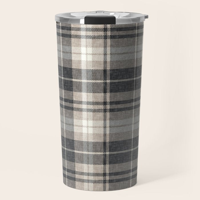 fall plaid - tan and charcoal Travel Mug Gallery Image 1