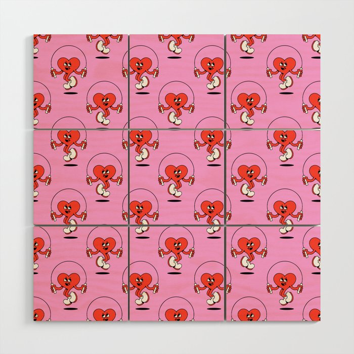 Retro love heart cartoon character pattern Wood Wall Art Gallery Image 1