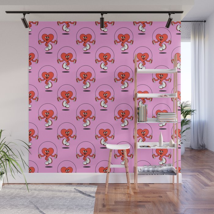 Retro love heart cartoon character pattern Wall Mural Gallery Image 1