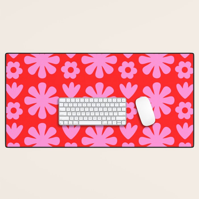 Preppy Pink and Red Scandi Floral Grid Retro Flower Pattern Desk Mat Gallery Image 1