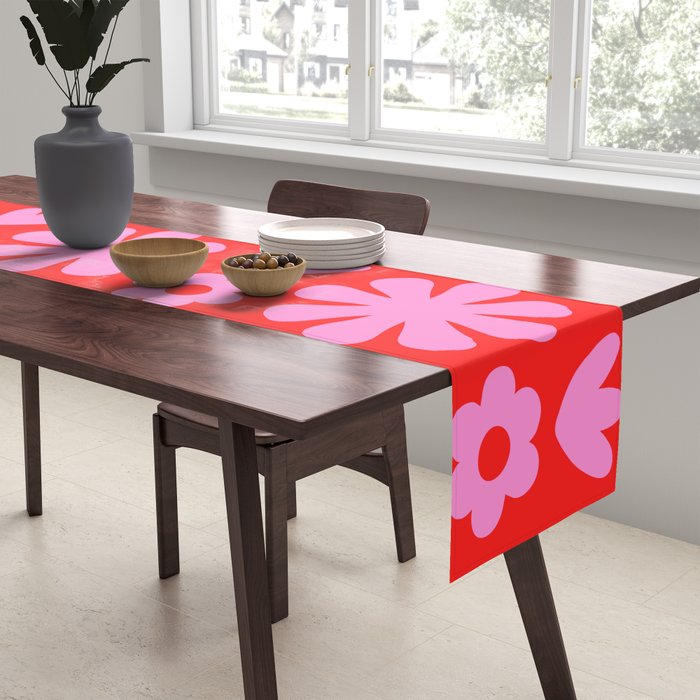 Preppy Pink and Red Scandi Floral Grid Retro Flower Pattern Table Runner Gallery Image 2