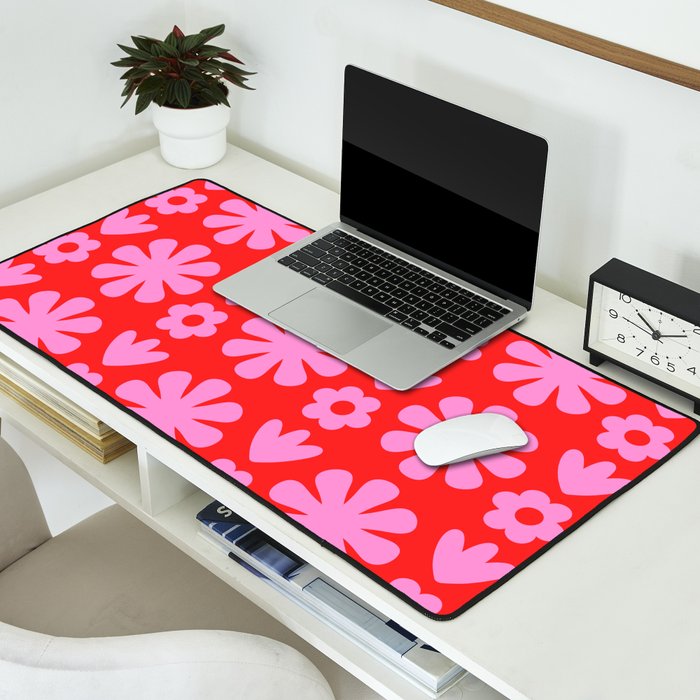 Preppy Pink and Red Scandi Floral Grid Retro Flower Pattern Desk Mat Gallery Image 2