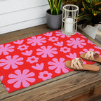 Preppy Pink and Red Scandi Floral Grid Retro Flower Pattern Outdoor Rug Gallery Image 2