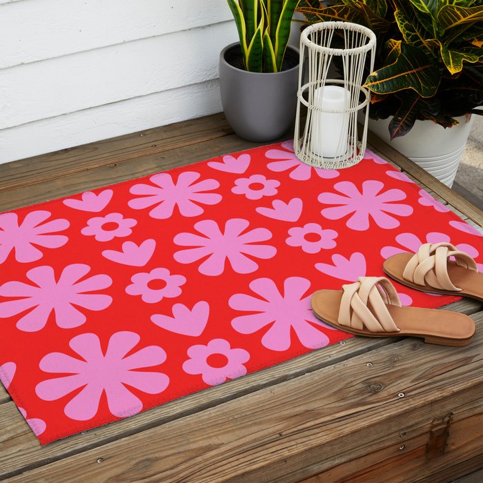 Preppy Pink and Red Scandi Floral Grid Retro Flower Pattern Outdoor Rug Gallery Image 2