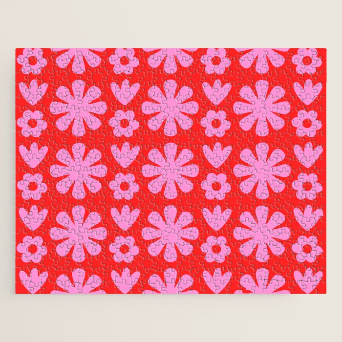 Preppy Pink and Red Scandi Floral Grid Retro Flower Pattern Jigsaw Puzzle Gallery Image 1