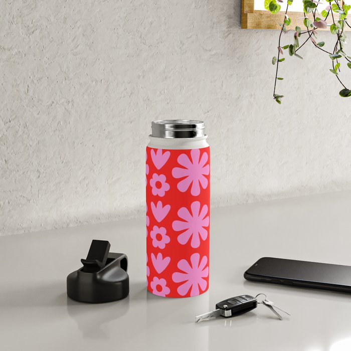 Preppy Pink and Red Scandi Floral Grid Retro Flower Pattern Water Bottle Gallery Image 4