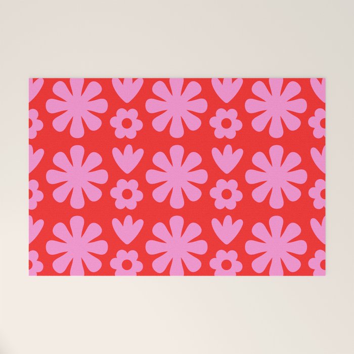 Preppy Pink and Red Scandi Floral Grid Retro Flower Pattern Welcome Mat Gallery Image 1