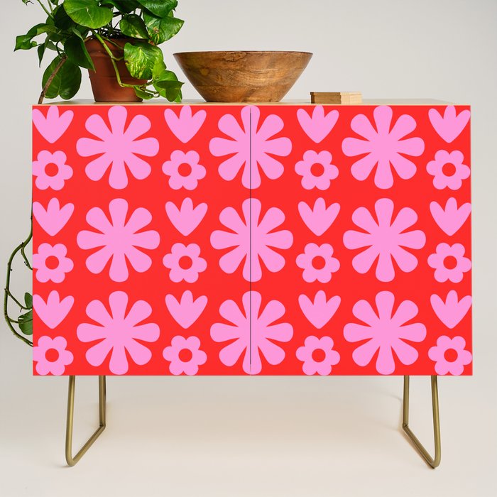 Preppy Pink and Red Scandi Floral Grid Retro Flower Pattern Credenza Gallery Image 1