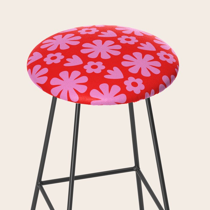 Preppy Pink and Red Scandi Floral Grid Retro Flower Pattern Stool Gallery Image 2
