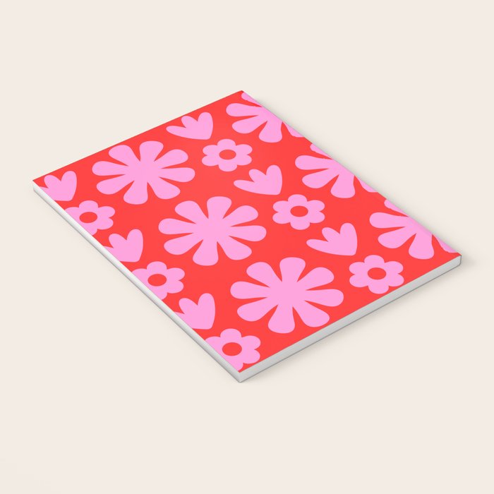 Preppy Pink and Red Scandi Floral Grid Retro Flower Pattern Notebook Gallery Image 3
