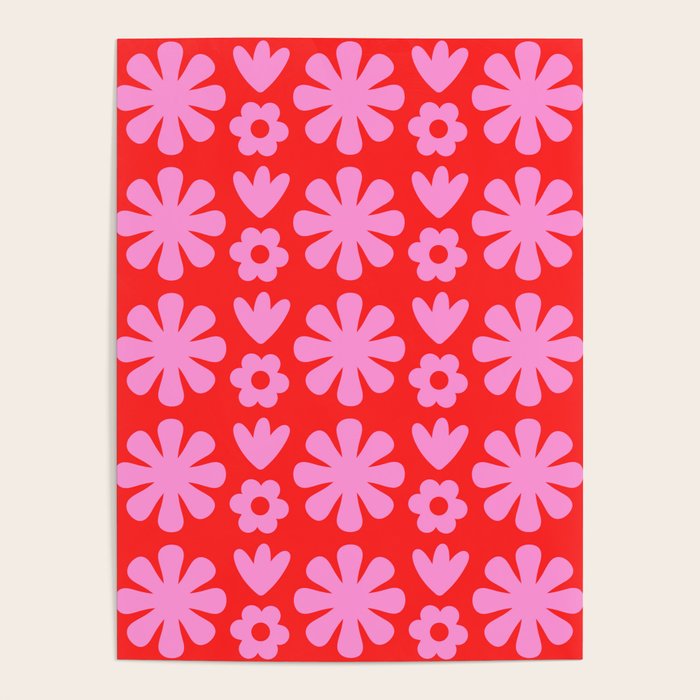 Preppy Pink and Red Scandi Floral Grid Retro Flower Pattern Poster Gallery Image 4