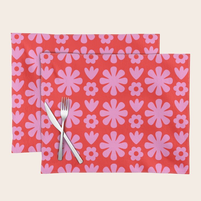 Preppy Pink and Red Scandi Floral Grid Retro Flower Pattern Placemat Gallery Image 1