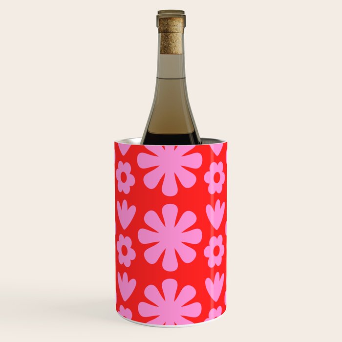 Preppy Pink and Red Scandi Floral Grid Retro Flower Pattern Wine Chiller Gallery Image 1