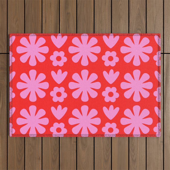 Preppy Pink and Red Scandi Floral Grid Retro Flower Pattern Outdoor Rug Gallery Image 1