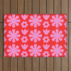 Preppy Pink and Red Scandi Floral Grid Retro Flower Pattern Outdoor Rug Gallery Image 1