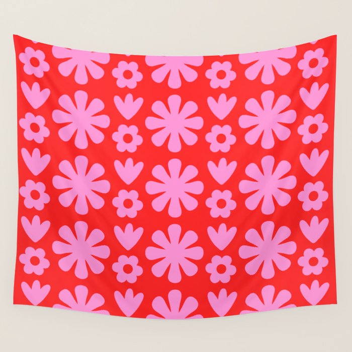 Preppy Pink and Red Scandi Floral Grid Retro Flower Pattern Wall Tapestry Gallery Image 4