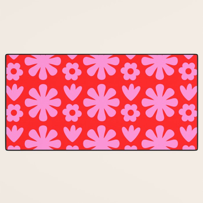 Preppy Pink and Red Scandi Floral Grid Retro Flower Pattern Desk Mat Gallery Image 3
