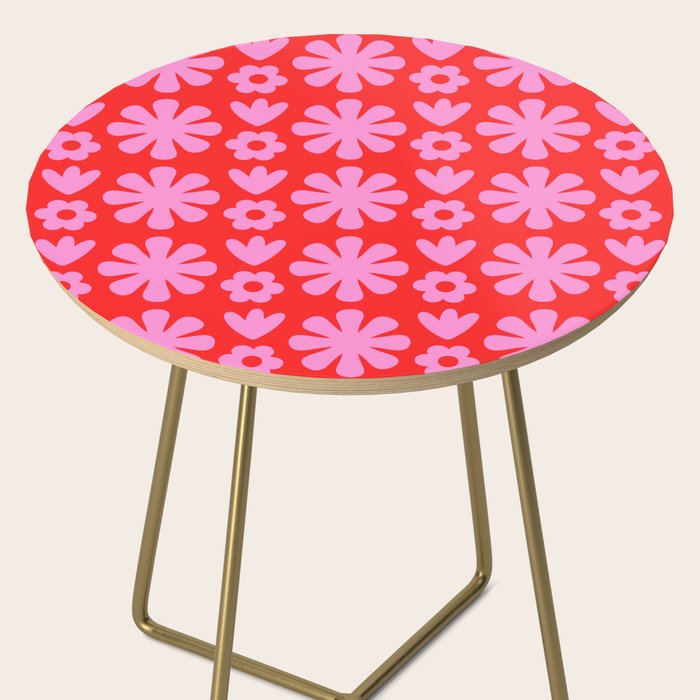 Preppy Pink and Red Scandi Floral Grid Retro Flower Pattern Side Table Gallery Image 2