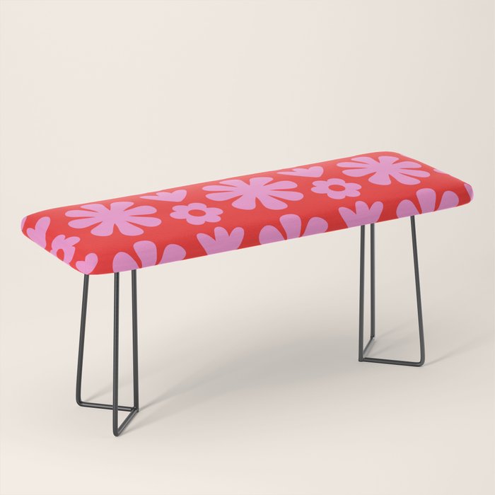 Preppy Pink and Red Scandi Floral Grid Retro Flower Pattern Bench Gallery Image 1