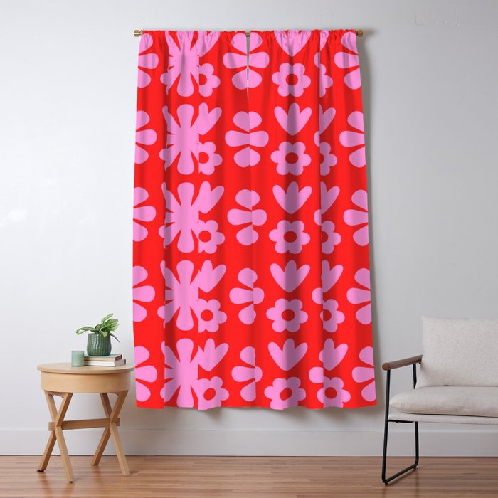 Preppy Pink and Red Scandi Floral Grid Retro Flower Pattern Window Curtain Gallery Image 5