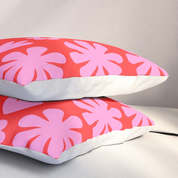Preppy Pink and Red Scandi Floral Grid Retro Flower Pattern Pillow Sham Gallery Image 3