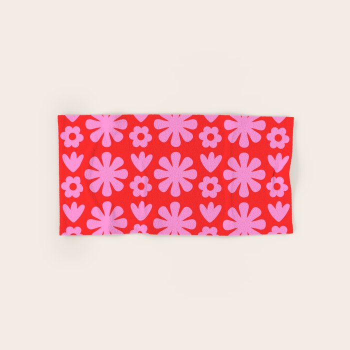 Preppy Pink and Red Scandi Floral Grid Retro Flower Pattern Bath Towel Gallery Image 1