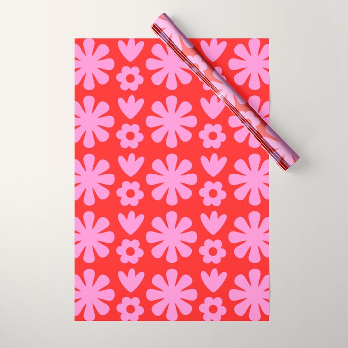 Preppy Pink and Red Scandi Floral Grid Retro Flower Pattern Wrapping Paper Gallery Image 1