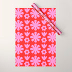Preppy Pink and Red Scandi Floral Grid Retro Flower Pattern Wrapping Paper Gallery Image 1