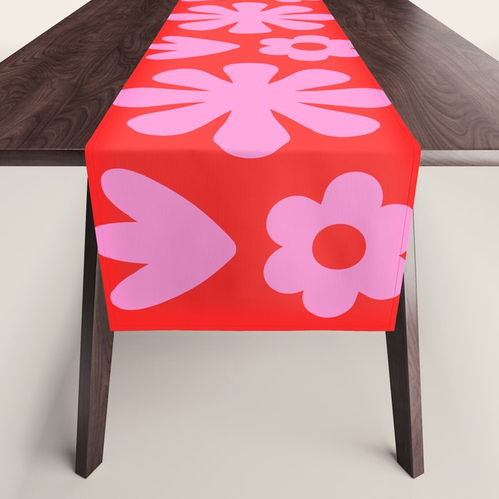 Preppy Pink and Red Scandi Floral Grid Retro Flower Pattern Table Runner Gallery Image 1