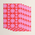Preppy Pink and Red Scandi Floral Grid Retro Flower Pattern Wrapping Paper Gallery Image 3