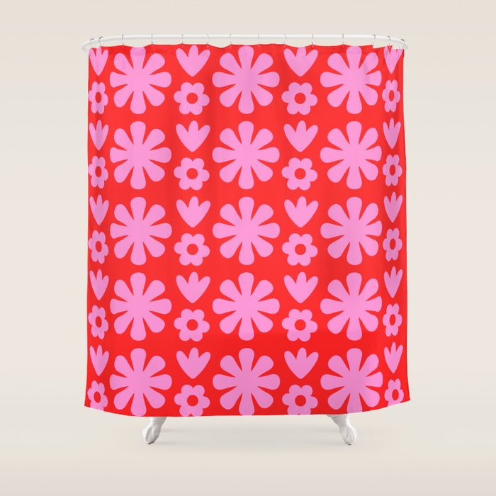 Preppy Pink and Red Scandi Floral Grid Retro Flower Pattern Shower Curtain Gallery Image 1