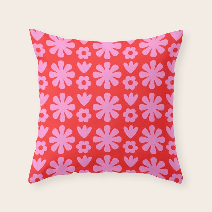 Preppy Pink and Red Scandi Floral Grid Retro Flower Pattern Throw Pillow Gallery Image 6