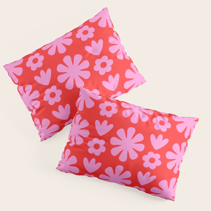 Preppy Pink and Red Scandi Floral Grid Retro Flower Pattern Pillow Sham Gallery Image 3