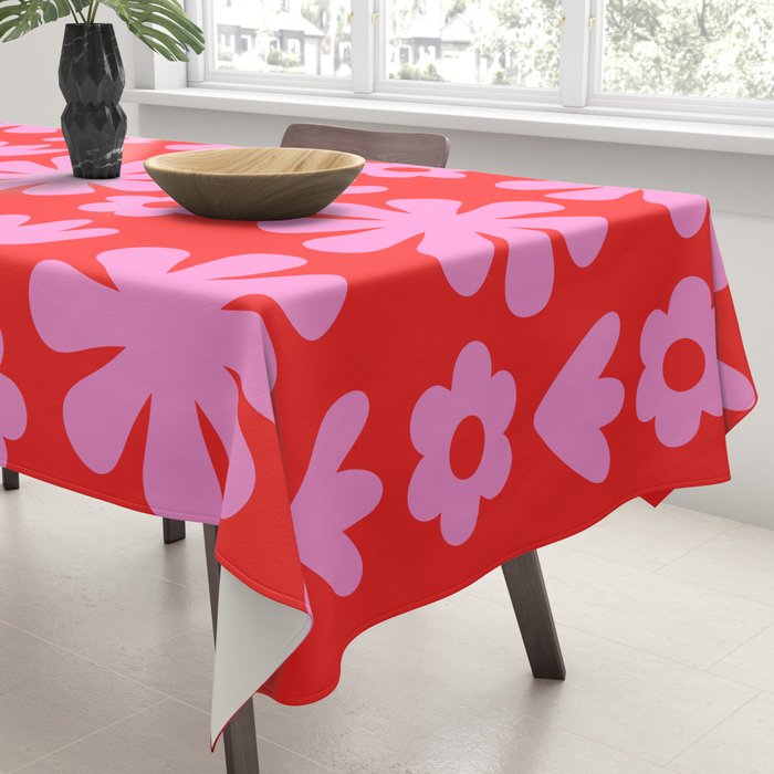 Preppy Pink and Red Scandi Floral Grid Retro Flower Pattern Tablecloth Gallery Image 3