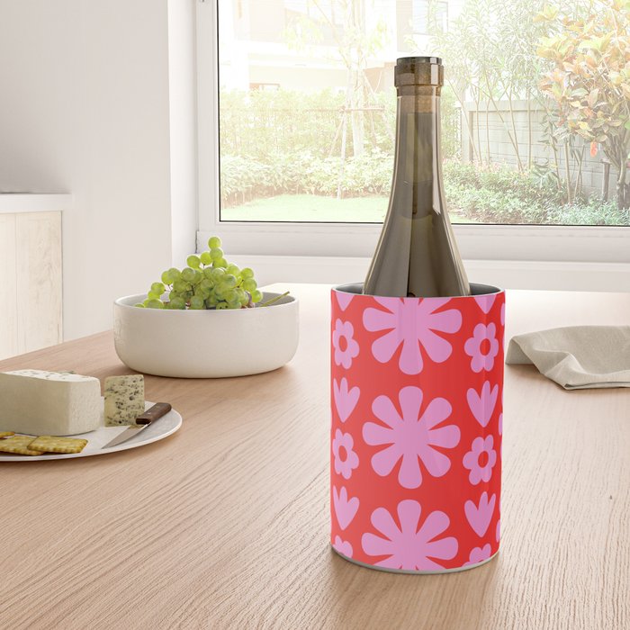 Preppy Pink and Red Scandi Floral Grid Retro Flower Pattern Wine Chiller Gallery Image 4