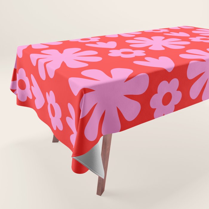Preppy Pink and Red Scandi Floral Grid Retro Flower Pattern Tablecloth Gallery Image 1
