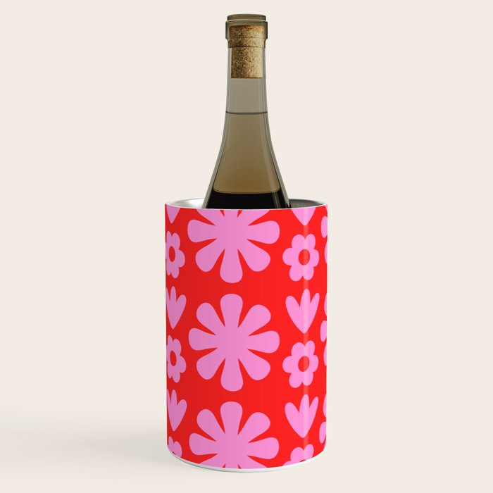 Preppy Pink and Red Scandi Floral Grid Retro Flower Pattern Wine Chiller Gallery Image 2