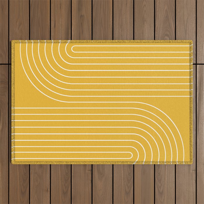 Minimal Line Curvature VIII Golden Yellow Mid Century Modern Arch Abstract Outdoor Rug Gallery Image 1