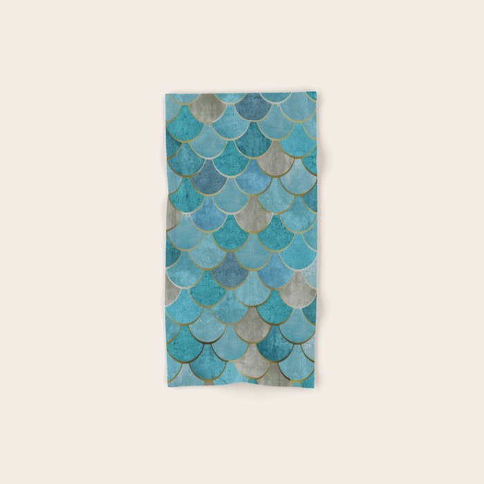Moroccan Fish Scale Mermaid Pattern, Teal Blue and Gold Towels Gallery Image 1